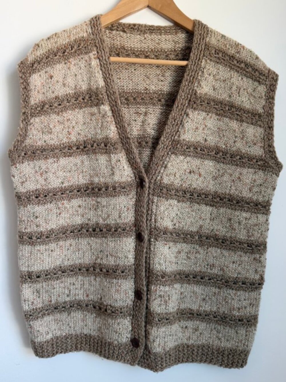 Vintage Handmade Knit Sweater Vest Neutral Striped Tweed Boho Grandpa Core M/L